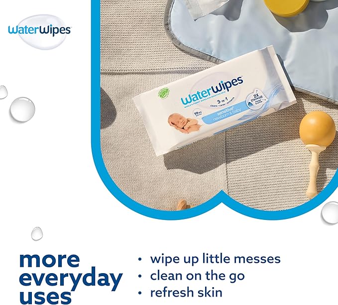 WaterWipes Sensitive+ Newborn & Baby Wipes, 3-In-1 Cleans, Cares, Protects, 99.9% Water, Unscented & Hypoallergenic, 240 Count (4 Packs)
