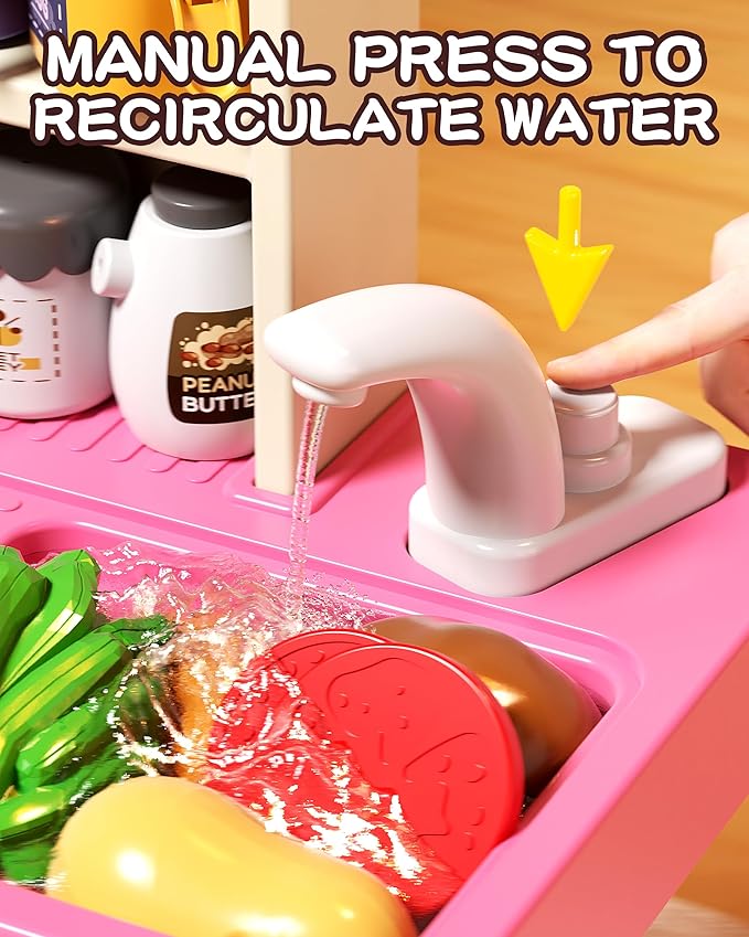 33.8IN Kids Kitchen Playset, 63 PCS Kid Play Kitchen with Realistic Lights & Sounds, Spray Sink Toy Kitchen Accessories, Pretend Food Toys Kitchen for Boys Girls Toddlers(Pink)