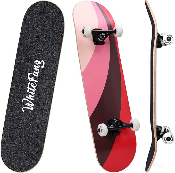 WhiteFang Skateboards for Beginners, Complete Skateboard 31 x 7.88, 7 Layer Canadian Maple Double Kick Concave Standard and Tricks Skateboards for Kids and Beginners