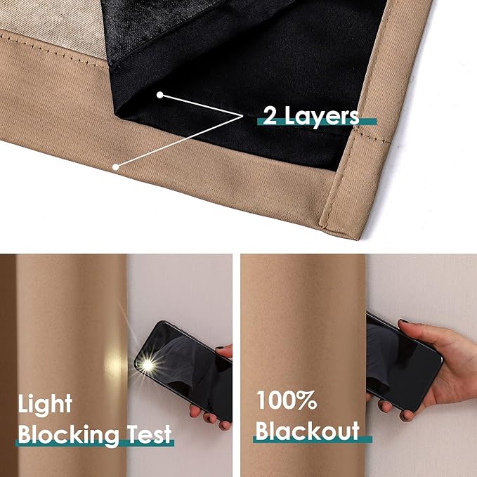 ChrisDowa 100% Blackout Curtains 84 inch Long for Bedroom with Black Liner, 2 Thick Layers Total Blackout Thermal Insulated Grommet Window Curtains 2 Panels Set (Cappuccino, 38 x 84 Inch)