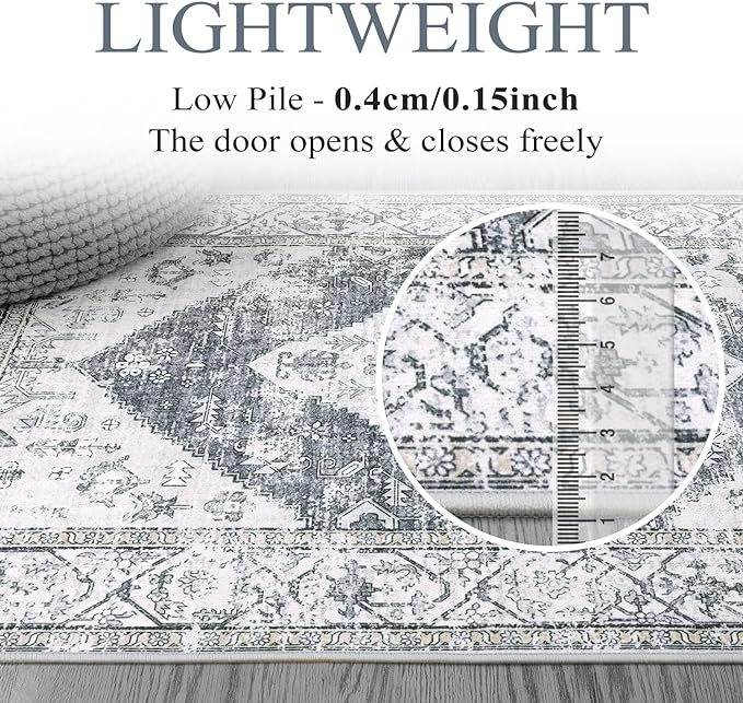 Lahome Boho Round Rugs - 4Ft Washable Non-Slip Small Round Area Rug for Bedroom Grey Lightweight Round Throw Rug, Oriental Distressed Print Indoor Circle Rugs for Bedroom Entryway Bathroom Kitchen