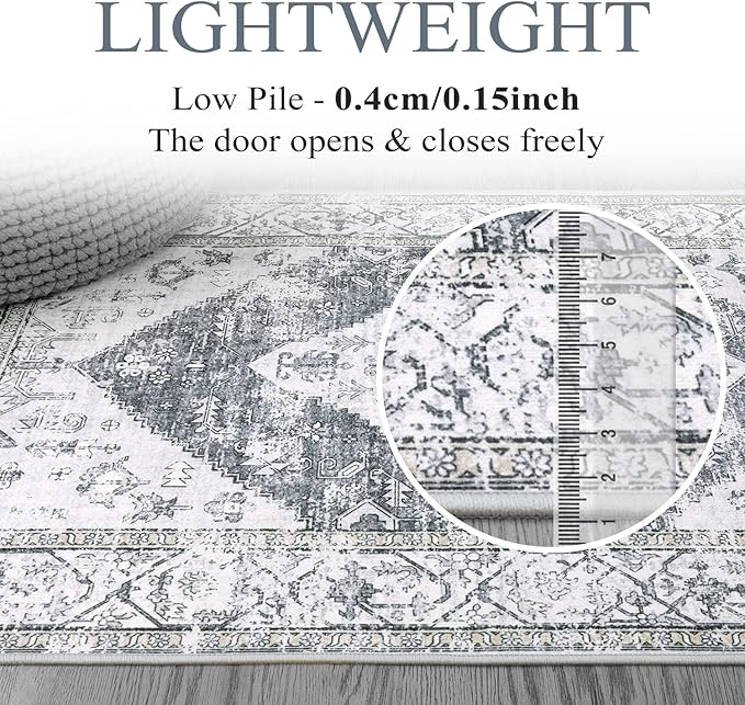 Lahome Boho Washable Rugs for Entryway - 2x3 Small Non-Slip Kitchen Rug Throw Lightweight Area Rugs for Bedroom Grey Print Oriental Distressed Bathroom Mat Floor Doormat Carpet for Laundry Living Room