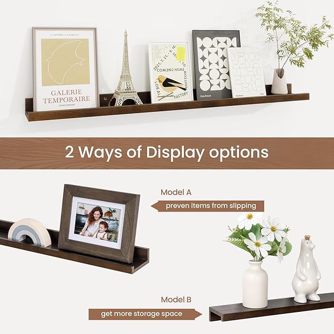 Picture Ledge Shelf, Solid Pine Wood Floating Shelves Set of 2, 32 Inches Nursery Book Shelves for Toys Storage, Kids Bookshelf Wall Mounted for Living Room Bedroom Decor Books Photo Frames, Walnut