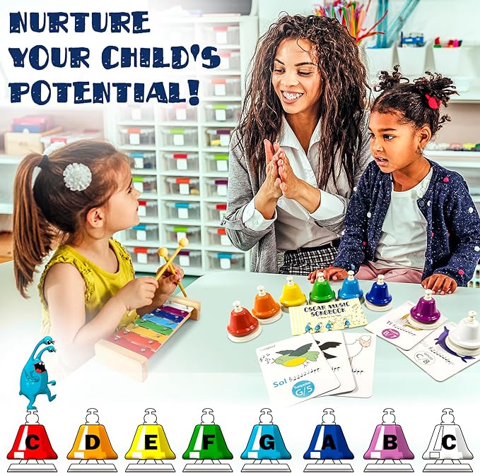 MINIARTIS Desk Bells for Kids | Educational Music Toys for Toddlers 8 Notes Colorful Hand Bells Set | Kids Musical Instrument with 15 Songbook | Great Birthday Gift for Children