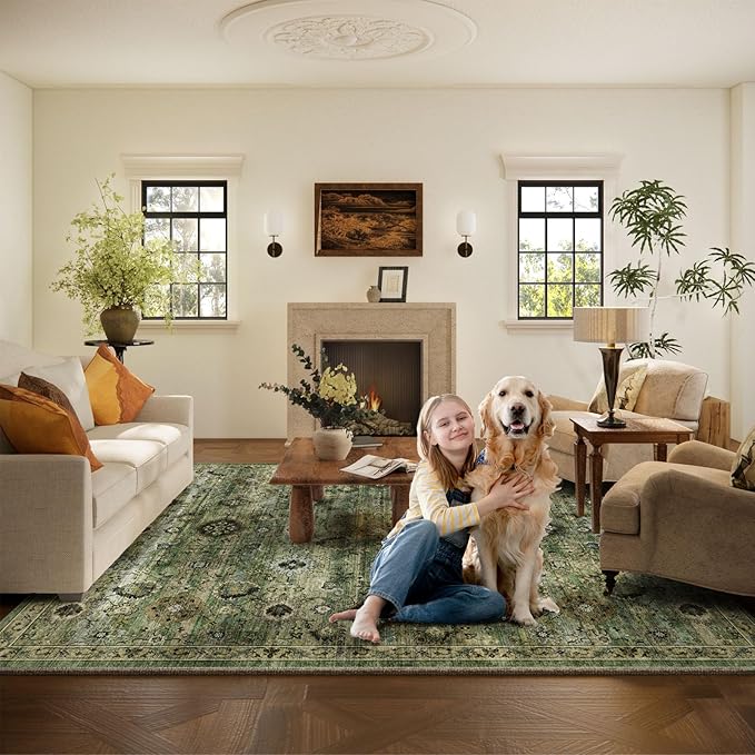 Washable Area Rugs for Living Room: 5x7 Rug Boho Vintage Rugs Stain Resistant Non Slip Low Pile Lightweight Soft Carpets for Bedroom Kitchen Dining Room Nursery Kids Room Farmhouse Home Office