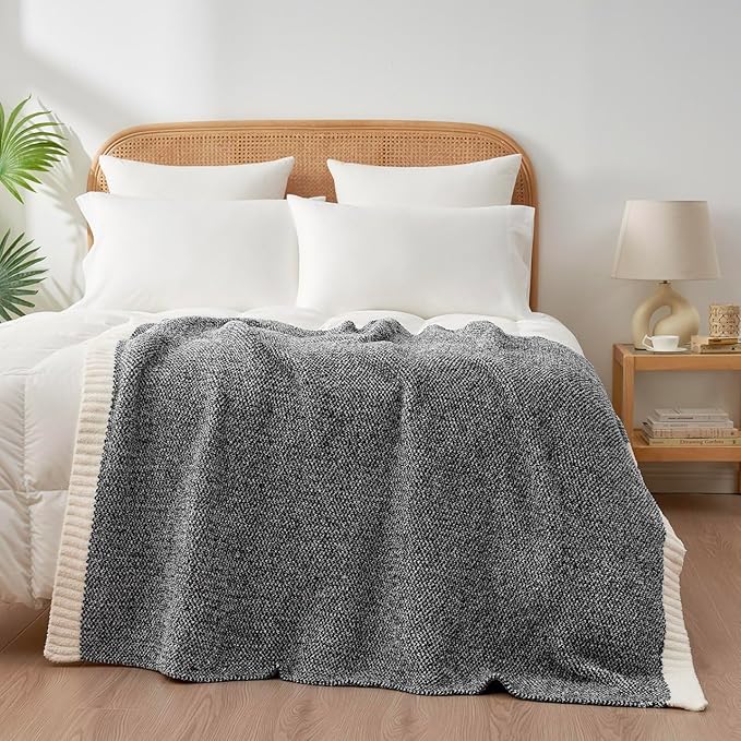 Snuggle Sac Heather Black Throw Blanket for Couch, Reversible Super Soft Micorfiber Blankets Dupes Warm Cozy Knit Fuzzy Plush Throws for Sofa, Bed, Heather Black, 50x60 inches