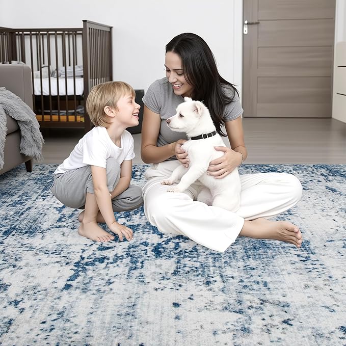 6x9 Area Rug Living Room Rug: Washable Modern Abstract Soft Thin Rug Indoor Floor No Slip Stain Resistant Carpet for Bedroom Dining Room Farmhouse Nursery Home Office - Blue