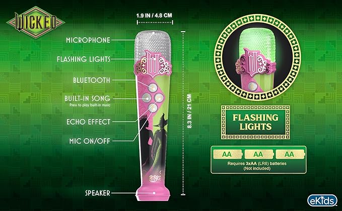 eKids Wicked Karaoke Microphone for Kids, Bluetooth Microphone Includes Built-in Music and Light Show, Designed for Fans of Wicked Toys
