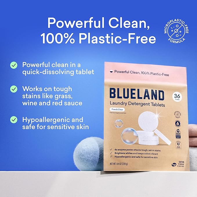 BLUELAND Laundry Detergent Tablets, Starter Set, 60 Count with Tin, Plastic-Free Eco-Friendly Pods, Sheets, Liquid Alternative - Fragrance Free and Clear, Natural, Gentle