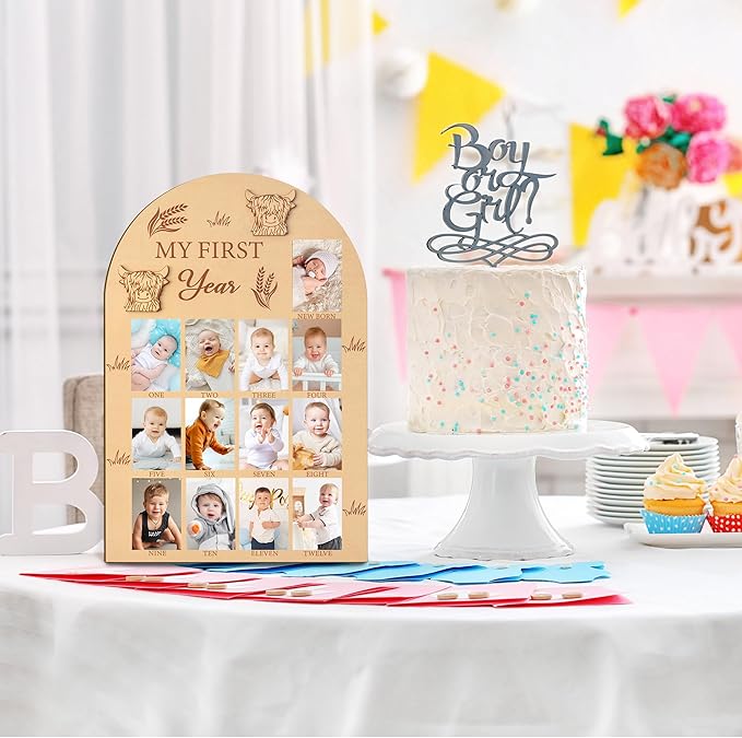 R HORSE Picture Frame - My First Year Photo Display Board, Highland Cow, Wood, 15.7 x 11 inches, Unisex Adult Gift