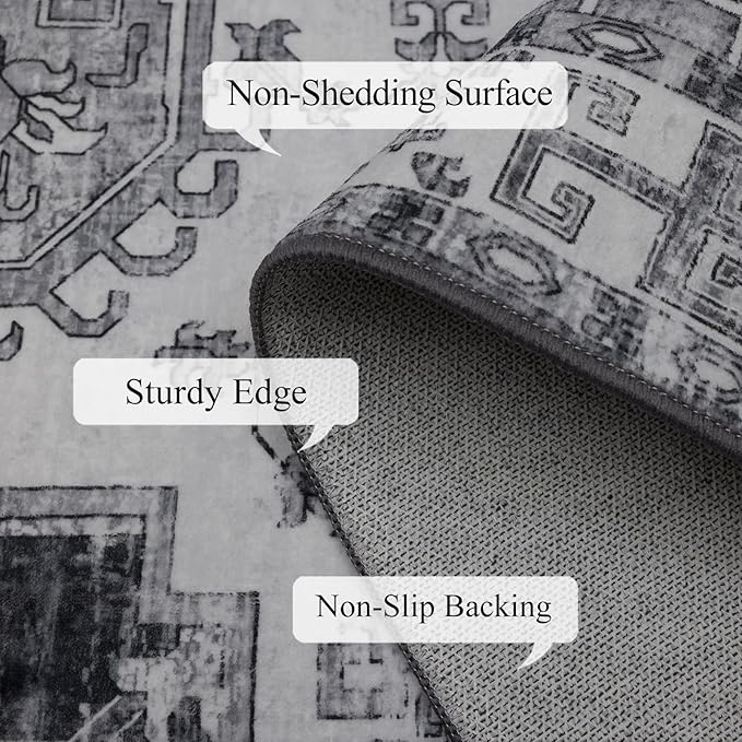 Washable Rugs 5x7 Area Rugs for Living Room, Thin Carpet for Bedroom, Soft Faux Wool Retro Dining Room Rug，Non Slip&Non-Shedding Resistant Low Pile Vintage Print Rug for Home Office (Medium Gray)