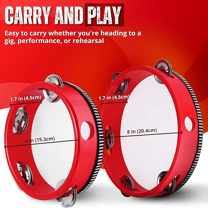 Flexzion Wood Handheld Tambourines - 8 and 6 Inch Set of 2 Pack, with Single Row Metal Jingle Bell (Red) Hand Held Tambourine Percussion Drum Moon Musical Instrument