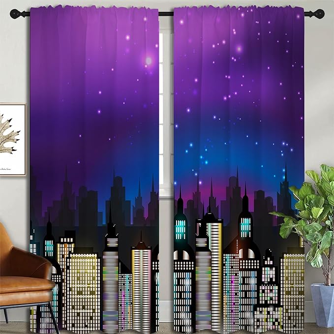 Superhero Rod Pocket Blackout Curtains for Boy Girl Bedroom, Super City Skyline Buildings Night Panorama Thermal Insulated Home Window Drapes for Living Room Darkening, 84x72 inch