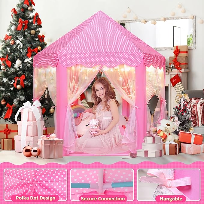 Monobeach Princess Castle Play Tent for Girls - Large 55'' x 53'' Playhouse with Star Lights for Indoor and Outdoor Play