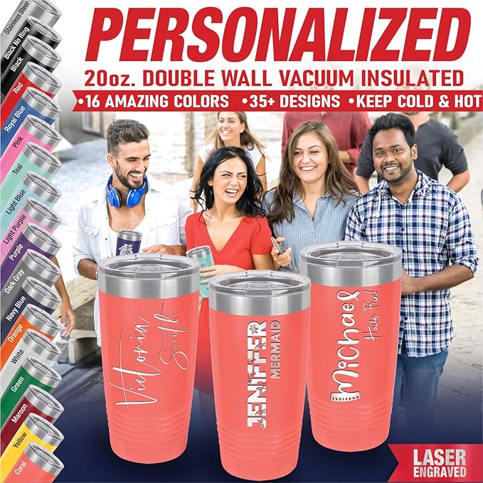 Personalized Tumbler for Women, Custom Name Travel Coffee Mug, Valentines Day Gifts for Her, Mother’s Day Gift for Mom, Sports Tumbler, Birthday Gift Idea, Gift for Her (Coral, 20oz)