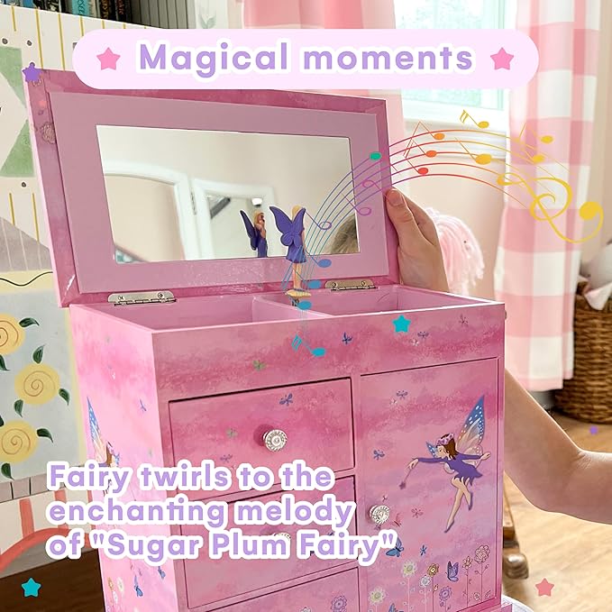 Jewelkeeper Jewelry Box - Jewelry Box for Girls with Ballerina Music Box - 3 Spacious Drawers, Necklace Carousel, Soft Pink Lining and Flowers Design - Sugar Plum Fairy Tune - 9.5 x 7.75 x 9.5 in