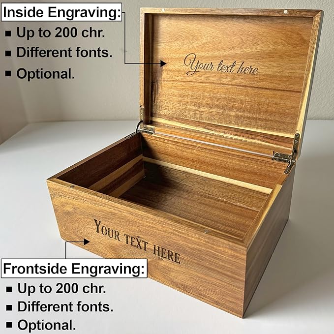 Wooden Keepsake Box Large - Personalized Memory Box, Acacia Wood Chest with Lid, Engraved Hidden Message, Decorative Memorabilia Boxes for Love Letters, Wedding Photos, Rustic Storage, 11x8x4.75 in