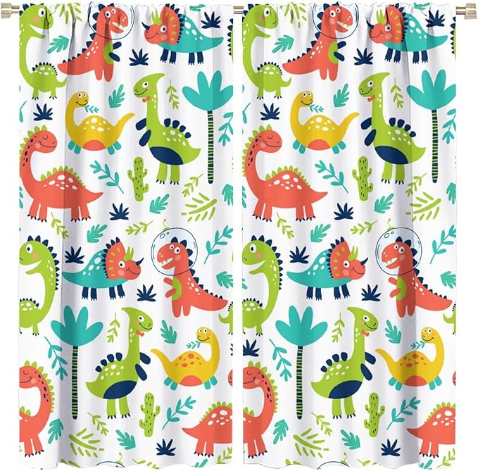 Rustic Dinosaurs Curtains Colorful Dino Kids Boys Cartoon Cute Cool Funny Decor Printed Blackout Rod Pocket Window Drapes for Living Room Bedroom W21xL45in 2 Panels