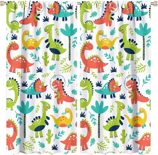 Rustic Dinosaurs Curtains Colorful Dino Kids Boys Cartoon Cute Cool Funny Decor Printed Blackout Rod Pocket Window Drapes for Living Room Bedroom W26xL84in 2 Panels