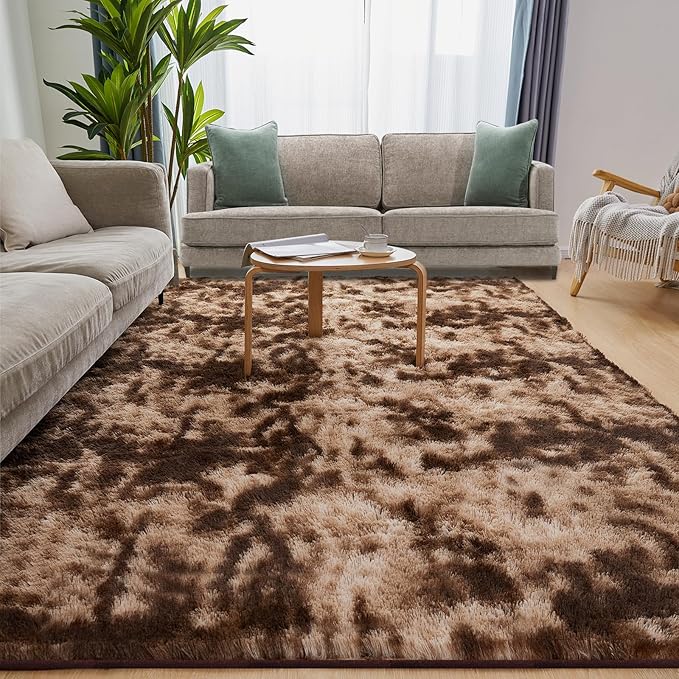 Ultra Soft Area Rugs for Living Room, 5x7 Tie-Dyed Brown Fluffy Plush Rugs for Bedroom, Non-Slip Floor Carpet for Kids Room, Bedside, Playroom, Corridor, Indoor Decor