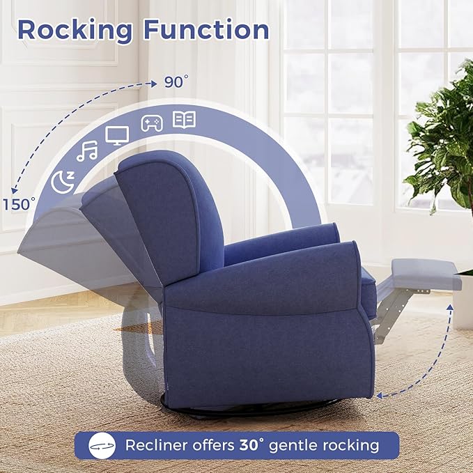 Swivel Rocker Recliner Chair, Nursery Glider Chair, Nursery Rocking Chairs, Manual Reclining Chair, Blue