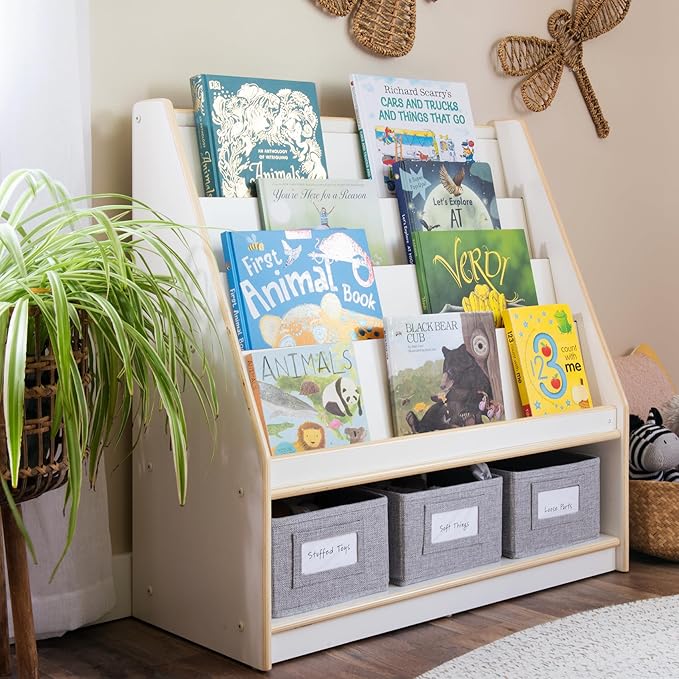 Guidecraft EdQ Book and Bin Display White with 3 Storage Bins: Wooden Kids Bookcase and Toy Storage Organizer; Homeschool and Classroom Bookshelf Furniture