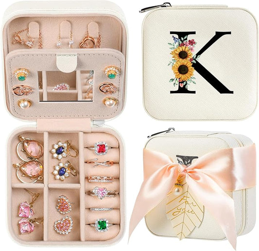 AYGXU Travel Jewelry Box for Women and Girls - Small Case With Initial A-Z - Teacher Gifts