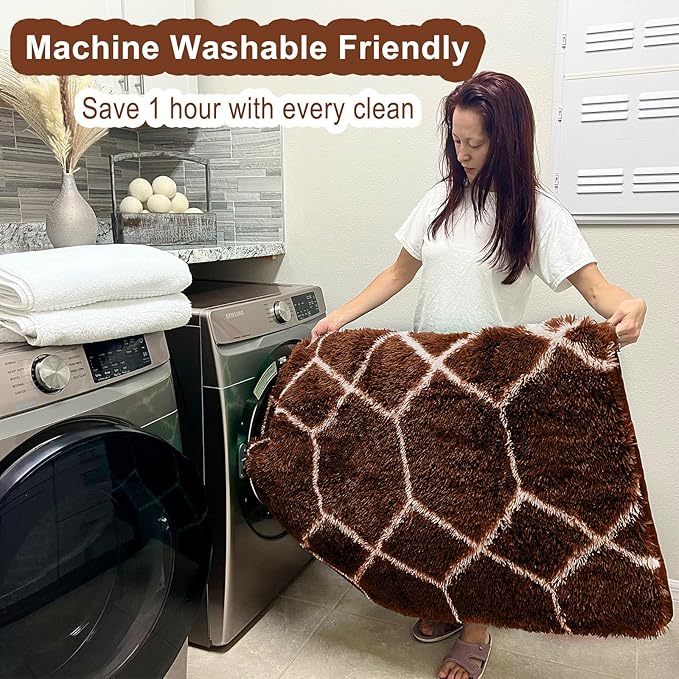ONASAR 6x9 Area Rugs for Living Room Bedroom, Washable Large Fluffy Brown and White Throw Rug, Geometric Soft Plush Shaggy Fuzzy Floor Carpet for Nursery Kids Girls Boys Teen Dorm Home Office Decor