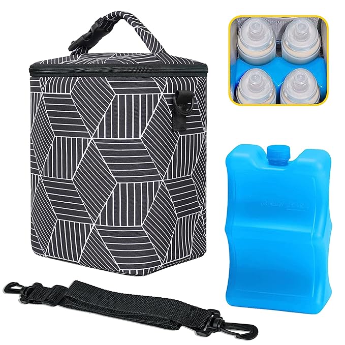Breastmilk Cooler Bag with Ice Pack Fits 4 Baby Bottles Up to 9 Ounce Insulated Baby Bottle Bag Breast Milk Cooler on The Go with Strap Baby Bottle Cooler Bag for Nursing Mom Daycare or Travel
