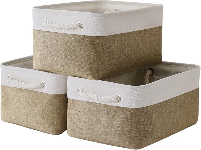 TheWarmHome Storage Basket for Organizing - 14x10x7 inch Medium 3 Pack Collapsible Storage Bin for Shelves with Handles, Canves Storage Box for Organizer Cubes Cloth Gift Toy Closet (White & Khaki)