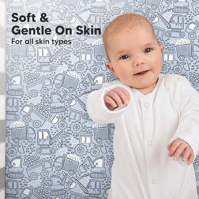 KeaBabies 2-Pack Organic Crib Sheets for Boys, Girls - 52x28 Fitted Crib Mattress Sheet Neutral, Breathable Jersey Cotton Cover for Baby Bed, Toddler Mattress, Soft & Cute Prints (Excavation)