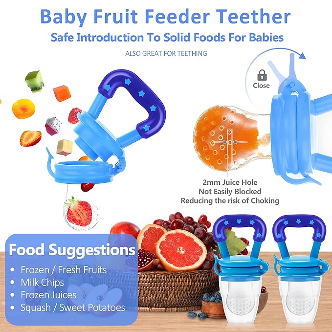 WAJIAYON Baby Fruit Feeder Pacifier - 6 Pack | 2 Infant Food Pacifier & 2 Baby Food Dispensing Spoon | Fresh Fruit Teethers for Babies | Silicone Feeder Babies,Infant Teething Feeders (Blue)
