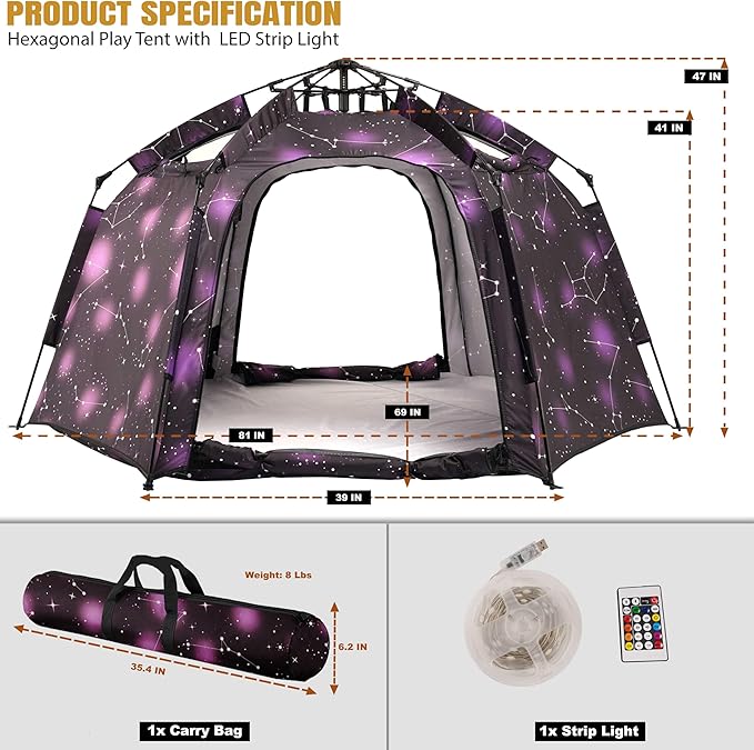 Portable Hexagon Kids Play Tent with LED Strip Lights Indoor Children Play House Easy Set-up Space Dream Tent for Night.4-5 Person Large Tents & Birthday Gifts