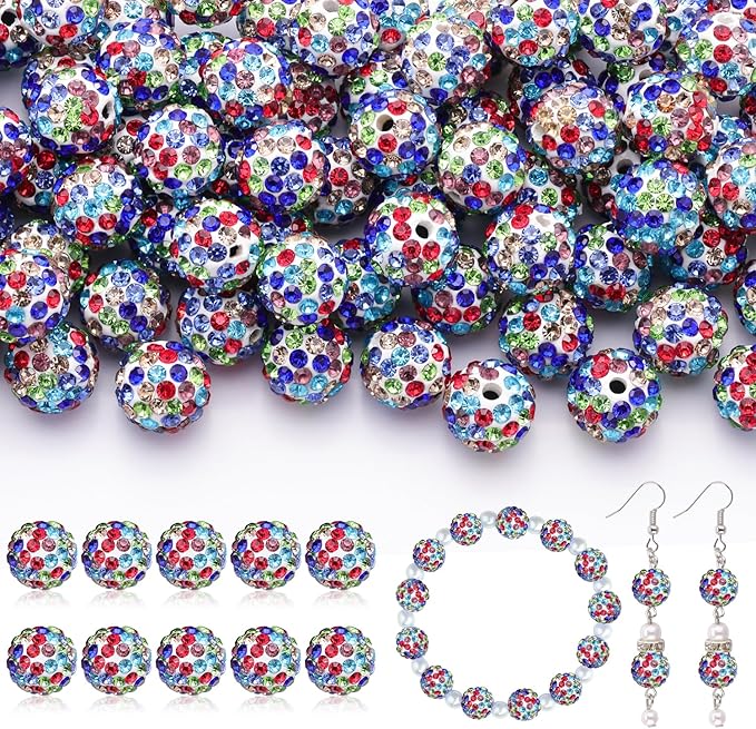 160pcs 10mm Rhinestone Beads for Jewelry Making, White Mixed Shiny Round Disco Ball Beads Bulk, Sparkle Crystal Clay Christmas for Bracelet Baseball Necklace Earring Crafting and DIY