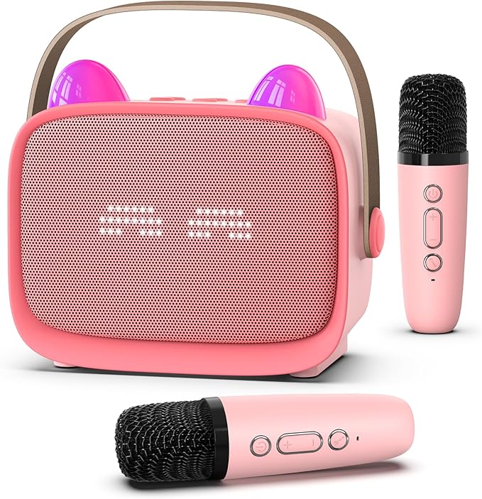 Mgaolo Upgraded Mini Karaoke Machine Toy for Kids, Portable Bluetooth Speaker with 2 Wireless Mics, Emoji & Colorful LED Lights, Home Travel & Party Play Gifts for Boys Girls (Pink)