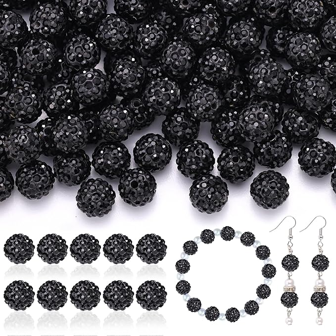 160pcs 10mm Rhinestone Beads for Jewelry Making, Black Shiny Round Disco Ball Beads Bulk, Sparkle Crystal Clay Christmas for Bracelet Baseball Necklace Earring Crafting and DIY