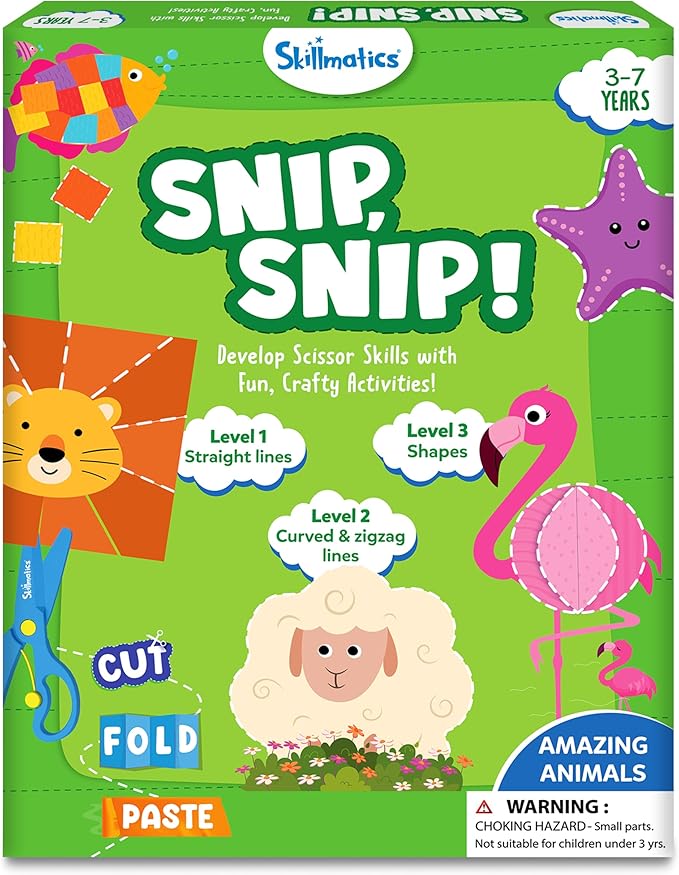 Skillmatics Scissor Skills Activity Book - Snip Snip, 25 Fun Cutting & Creative Activities for Preschoolers, 2 Child-Safe Scissors, Fine Motor Skills Craft Kit, Gifts for Kids Ages 3, 4, 5, 6, 7