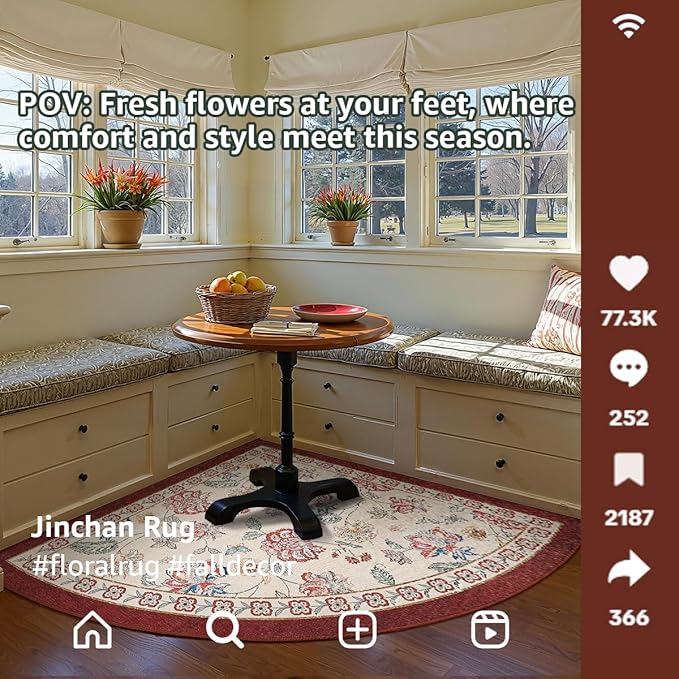 jinchan Floral Corner Rug for Living Room Washable Bedroom Rug Vintage Romance Design Non Slip Quarter Circle Lightweight Low-Pile Throw Carpet for Reading Nook Playroom,8ft Radius, Red/Beige