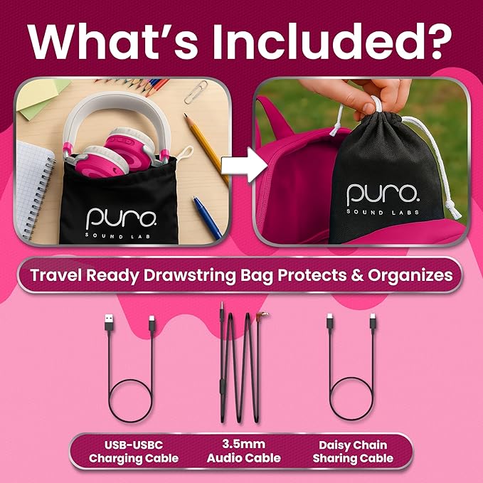 Puro Sound Labs JuniorJam Plus Volume-Limiting Wireless Bluetooth Headphones for Kids, Secure Audio with Adjustable On-Ear Design, 22-Hour Battery, Ideal for Tablets, Smartphones & PCs - Pink