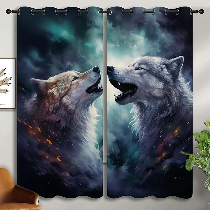 Forest Wildlife Blackout Curtains for Boys Girl Bedroom Decor,Blue Fantasy Starry Sky Howling Wolf Thermal Insulated Grommet Drapes Darkening Window Curtain for Living Room Home 55x63 inch
