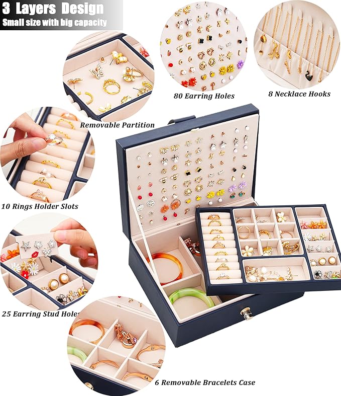 Womens Earring Jewelry Box for Girls Jewelry Earring Organizer Box Earring Holder Organizer for Girls Jewelry Organizer Earring Boxes for Women Girls Stud Earring Organizer Jewelry Box Navy