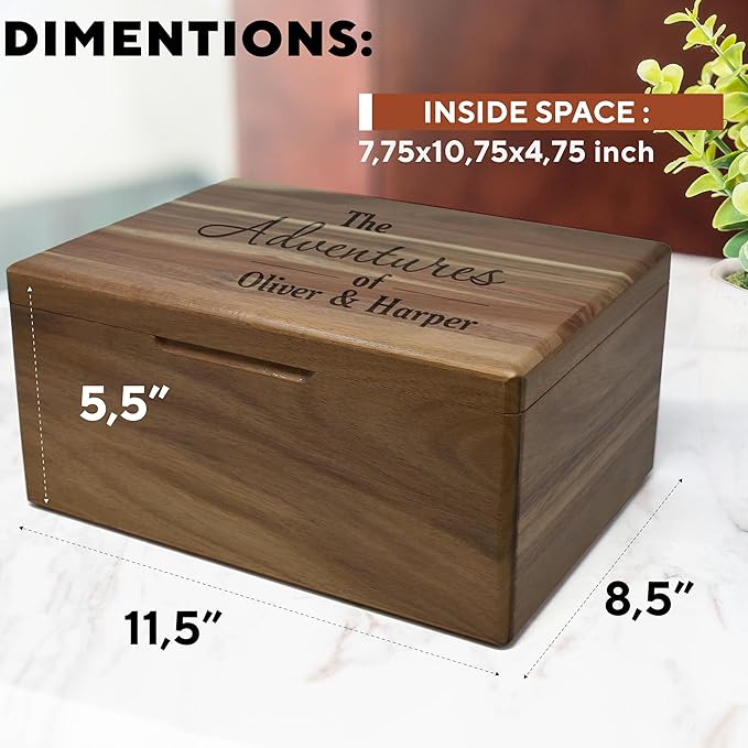 Our Adventure Travel Memory Box - Personalized Travel Couple Gift, Acacia Wood Chest Trunk for Couples Adventure Keepsakes, Honey Moon Trip Keepsake Box for Tickets, Valentine's Gifts, 11,5x8,5x5,5 in