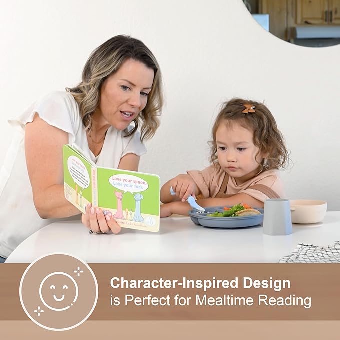 Made in USA Spoon la la Toddler Utensils Set (2 Pack) & Board Book - Spoon & Fork for Kids, Self-Standing 3D Ergonomic Cat & Dog Handles, BPA-free, Dishwasher Safe Baby Silverware (Blue)