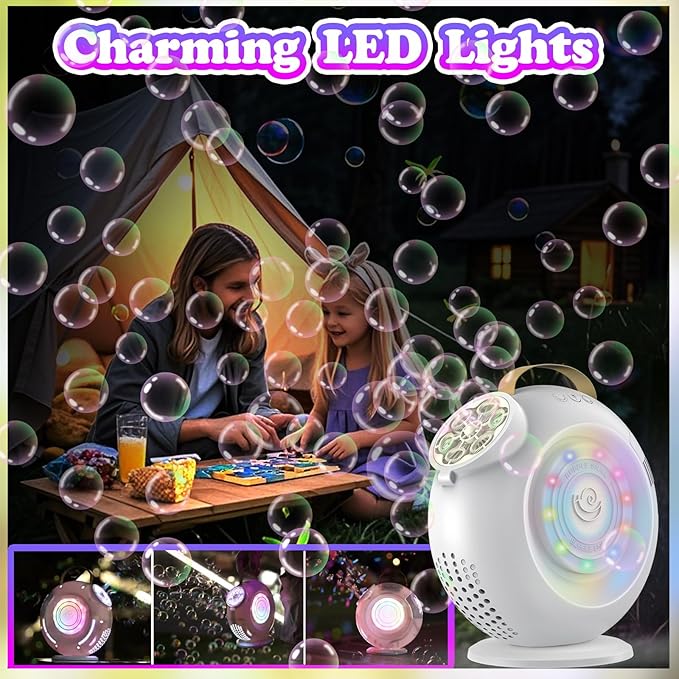 Bubble Machine, Automatic Bubble Maker Rechargeable, 15000+ Big Bubbles per Min, Colorful LED Lights, 90° 360° Rotatable Portable Electric Bubbles Toy for Kids Toddlers, Outdoor Wedding Party Gifts