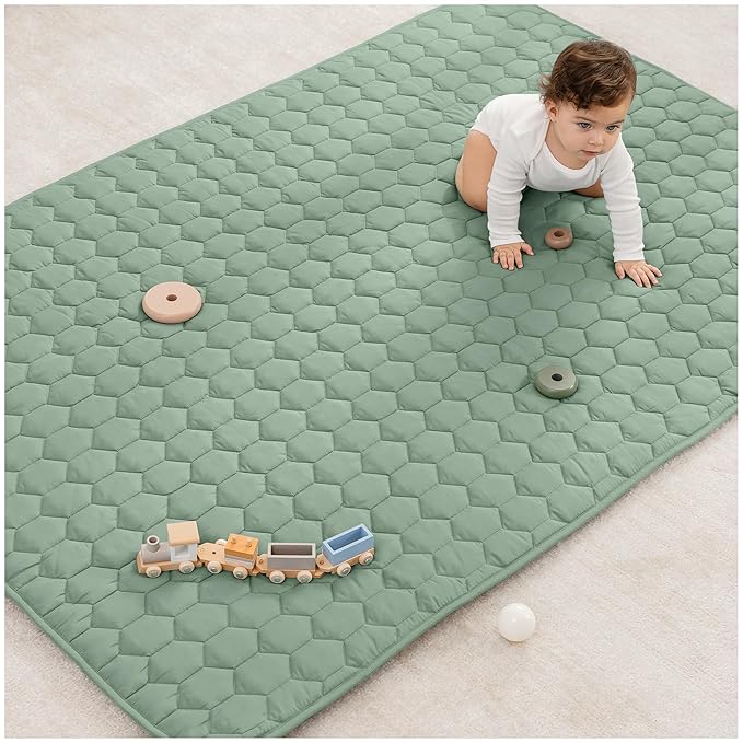 Comfy Cubs Rectangle Kids Play Mat - Medium 48 x 72 inches Soft Quilted Baby Floor Mat with Non-Slip Bottom - Plush Design for Toddlers Playtime and Relaxation - Comfortable and Durable - Fern