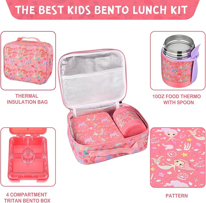 Bento Lunch Box Set With 10oz Soup Thermo, Leak-proof Lunch Containers with 4 Compartment, Kids Hot Thermo Food Jar/Insulation Lunch Bag, Food Containers for School（Mermaid）