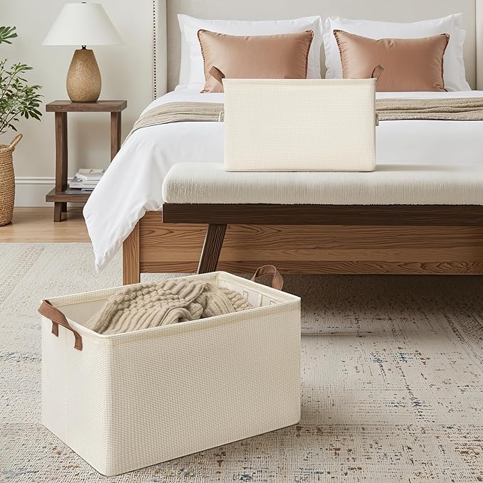 StorageWorks Storage Bins, Shelves Baskets for Organizing, 45L Extra Large Fabric Closet Organizers with Handles, Metal Frame, Beige（Texture）, 2-Pack