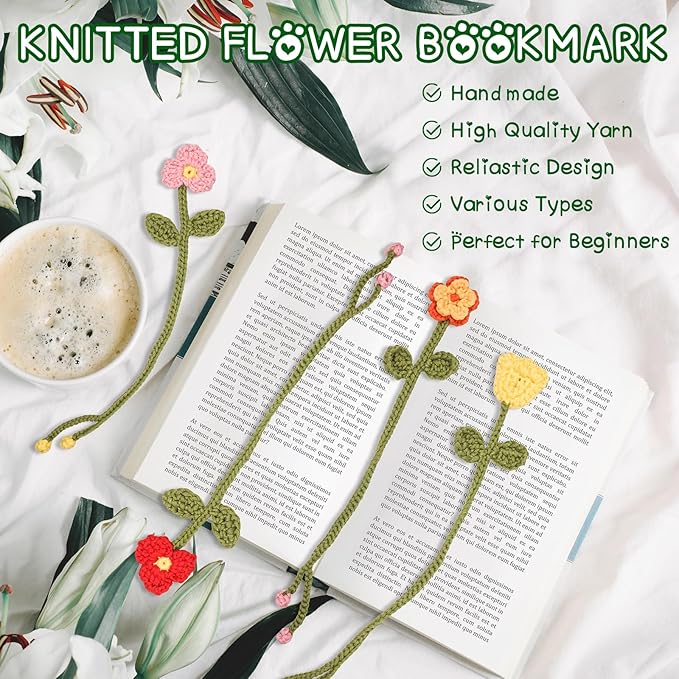 WaldyWop Crochet Kit for Beginners - 8 Flower Bookmarks Knitting Kit w/Step-by-Step Video Tutorials & Soft Yarn, Hook - Wobbles DIY Art Craft Kit for Adults Kids, Birthday Gifts for Women Girls Teen
