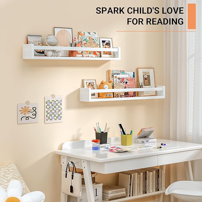 Heimlove Nursery Floating Shelves, White Nursery Book Shelves for Wall, 32 inch Wall Bookshelf for Kids Solid Wood Wall Mounted Shelves for Books,Toys and Decor Storage, Set of 3