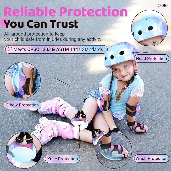 Vvinca Kids Toddlers Bike Helmet Adjustable for Ages 3-5-8 Years, Knee Pads and Elbow Pads Set Wrist Guard Sports Protective Gear Set for Roller Skate Bicycle Skateboard Scooter Girl Boy Birthday Gift